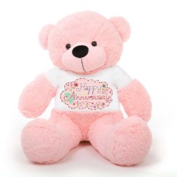 Pink 5 feet Big Teddy Bear wearing a Happy Anniversary T-shirt